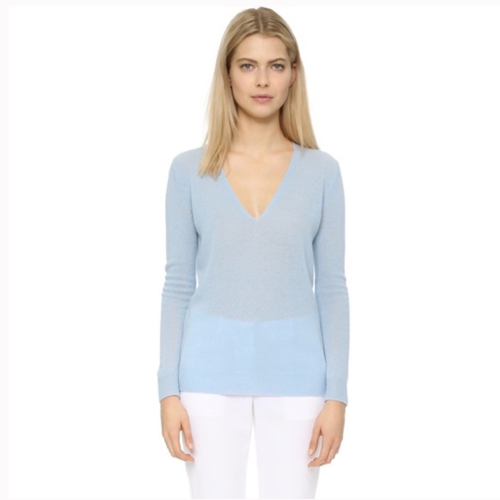 Theory Adrianna RL V Neck Feather Cashmere Sweater Light Blue XS